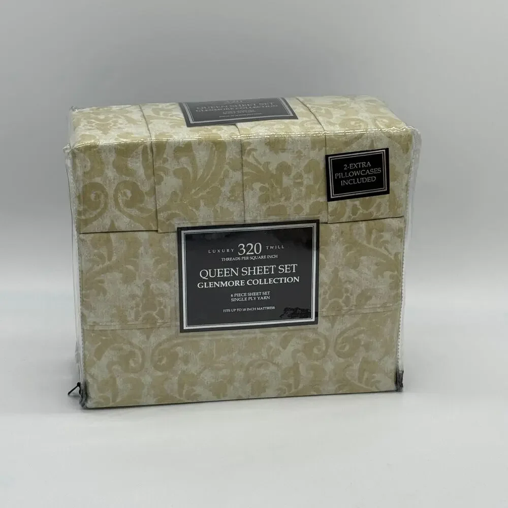 Glenmore Collection 6 pc QUEEN Sheet Set 320 Twill Damask Pattern NEW